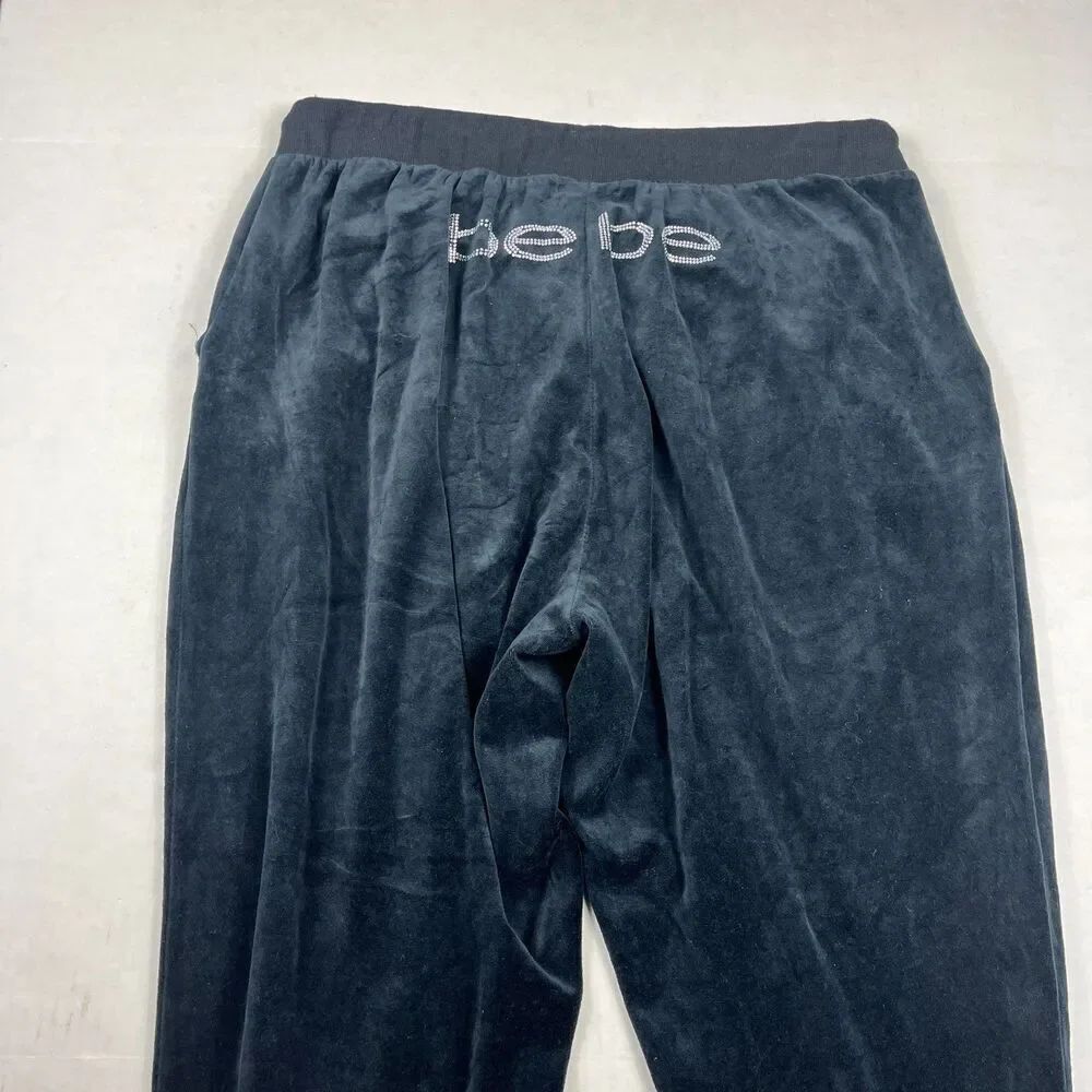 Bebe Velour Jogger Pants Black Rhinestone Logo Y2K Lounge Casual Track Pants 2X